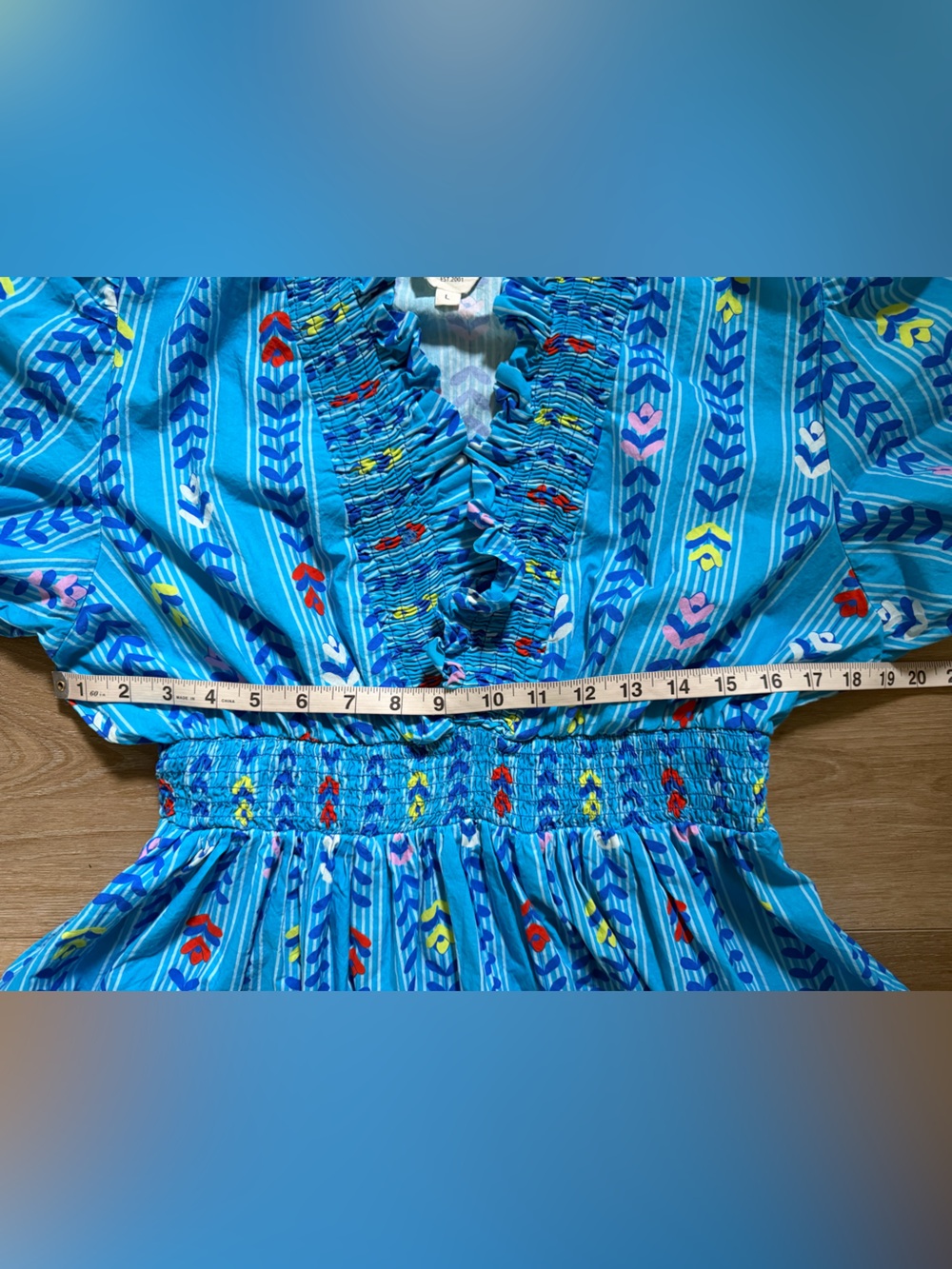 UMGEE Blue Mix Puff Sleeve Smocked Ruffle Neck Midi Dress EUC - Picture 2 of 6